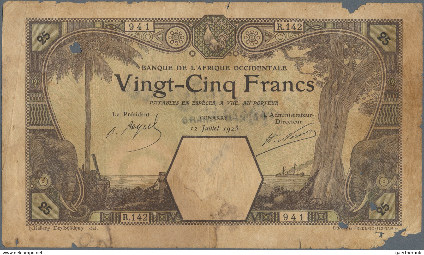 01558 French West Africa / Französisch Westafrika: Rare Issue 25 Francs 1923 DAKAR With Overstamp "GRAND-B - West-Afrikaanse Staten