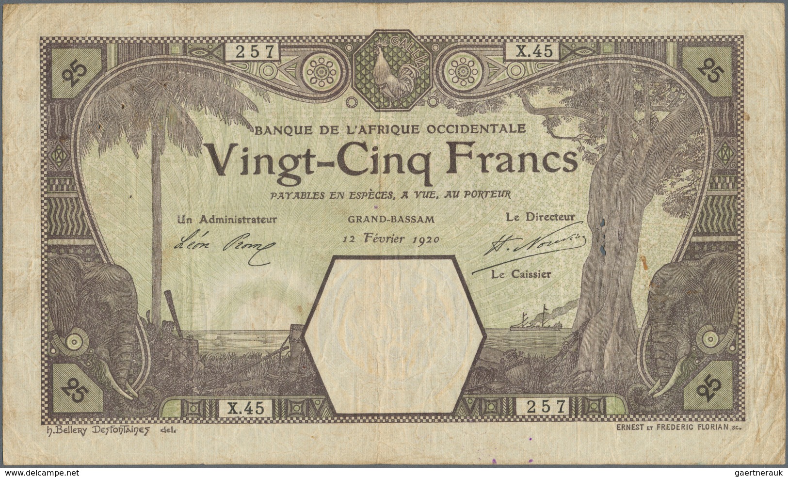 01562 French West Africa / Französisch Westafrika: 25 Francs 1923 GRAND-BASSAM P. 7Da, Used With Folds And - West African States
