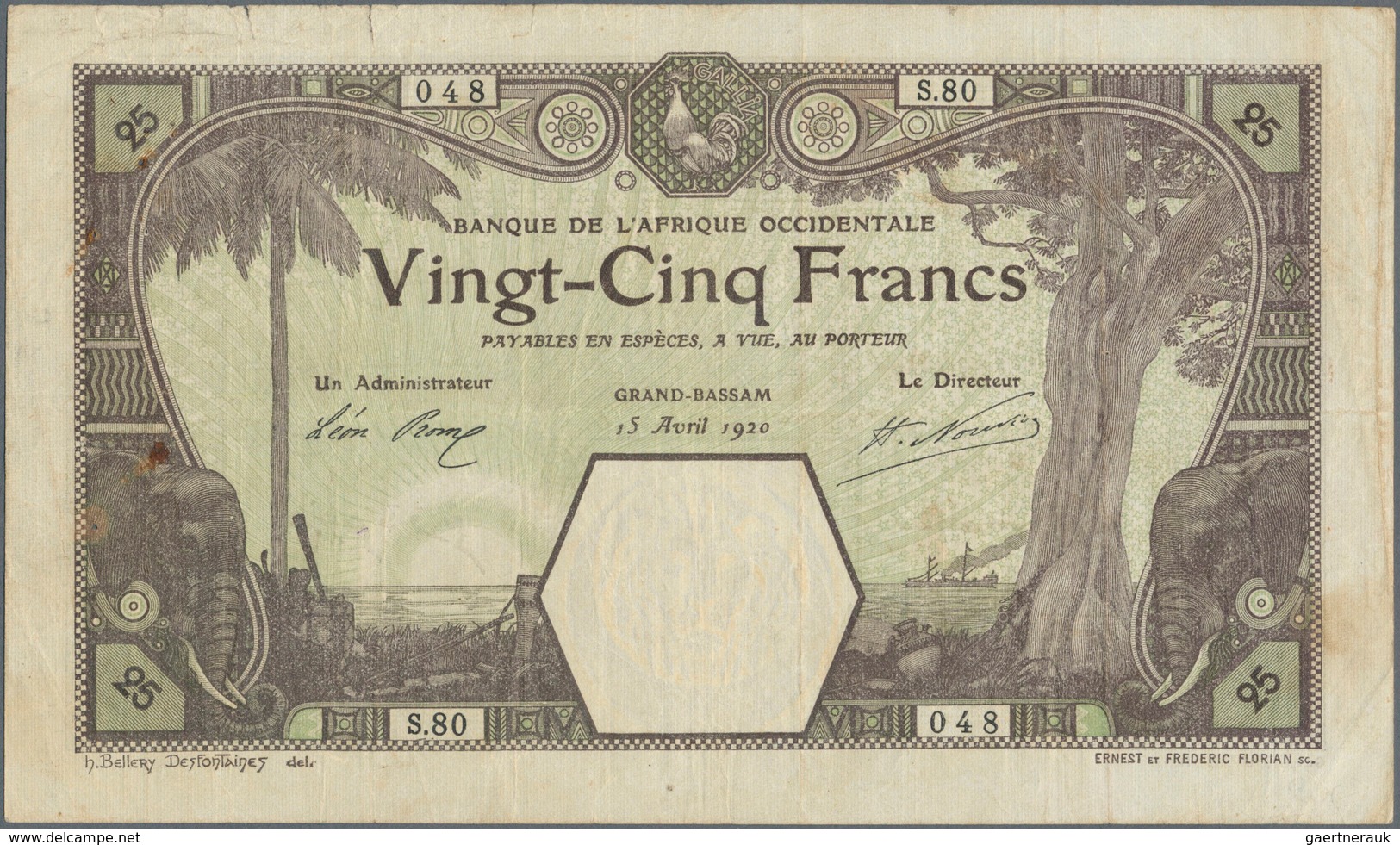 01563 French West Africa / Französisch Westafrika: 25 Francs 1923 GRAND-BASSAM P. 7Da, Used With Folds And - Estados De Africa Occidental