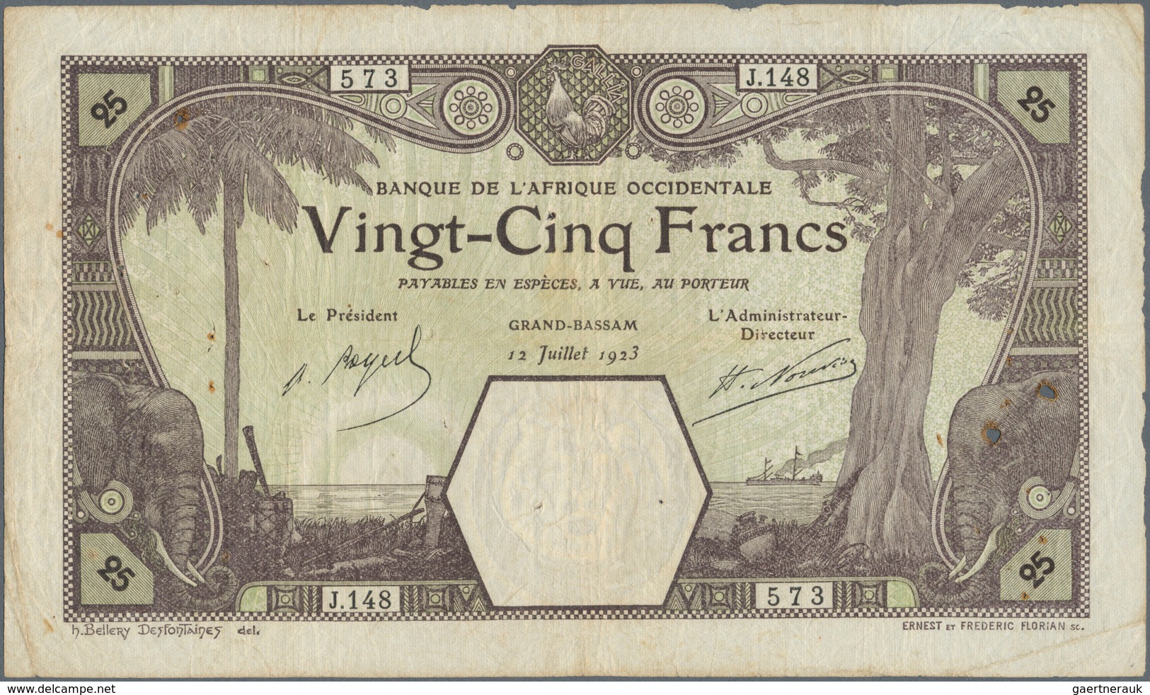 01564 French West Africa / Französisch Westafrika: 25 Francs 1923 Grand-Bassam P. 7Db, Used With Folds And - West African States
