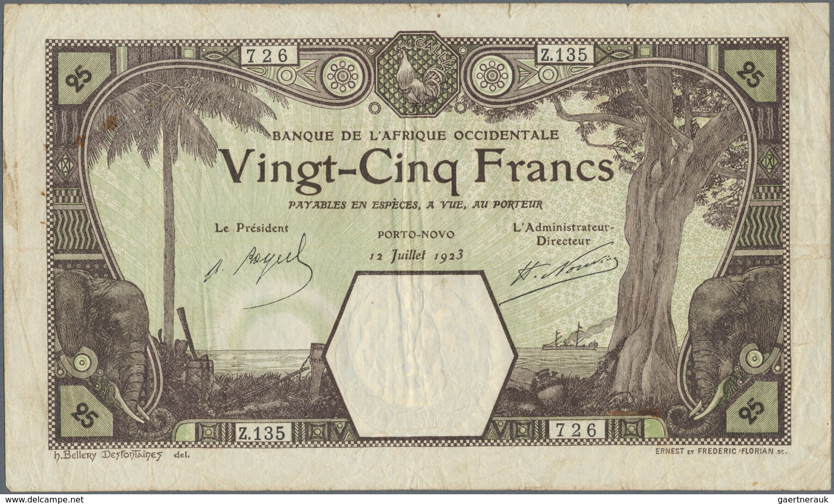 01565 French West Africa / Französisch Westafrika: 25 Francs 1924 PORTO-NOVO P. 7Eb, Used With Folds And L - Estados De Africa Occidental