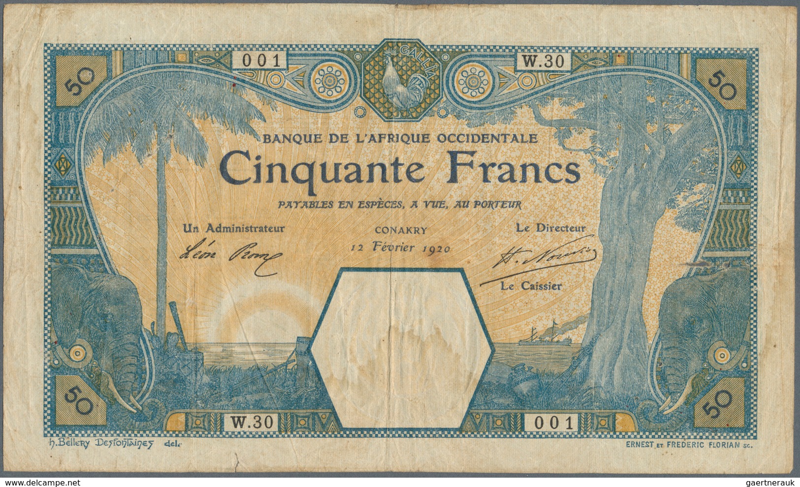 01567 French West Africa / Französisch Westafrika: 50 Francs 1920 CONAKRY P. 9Aa, Serial 001 Of Series W.3 - West African States