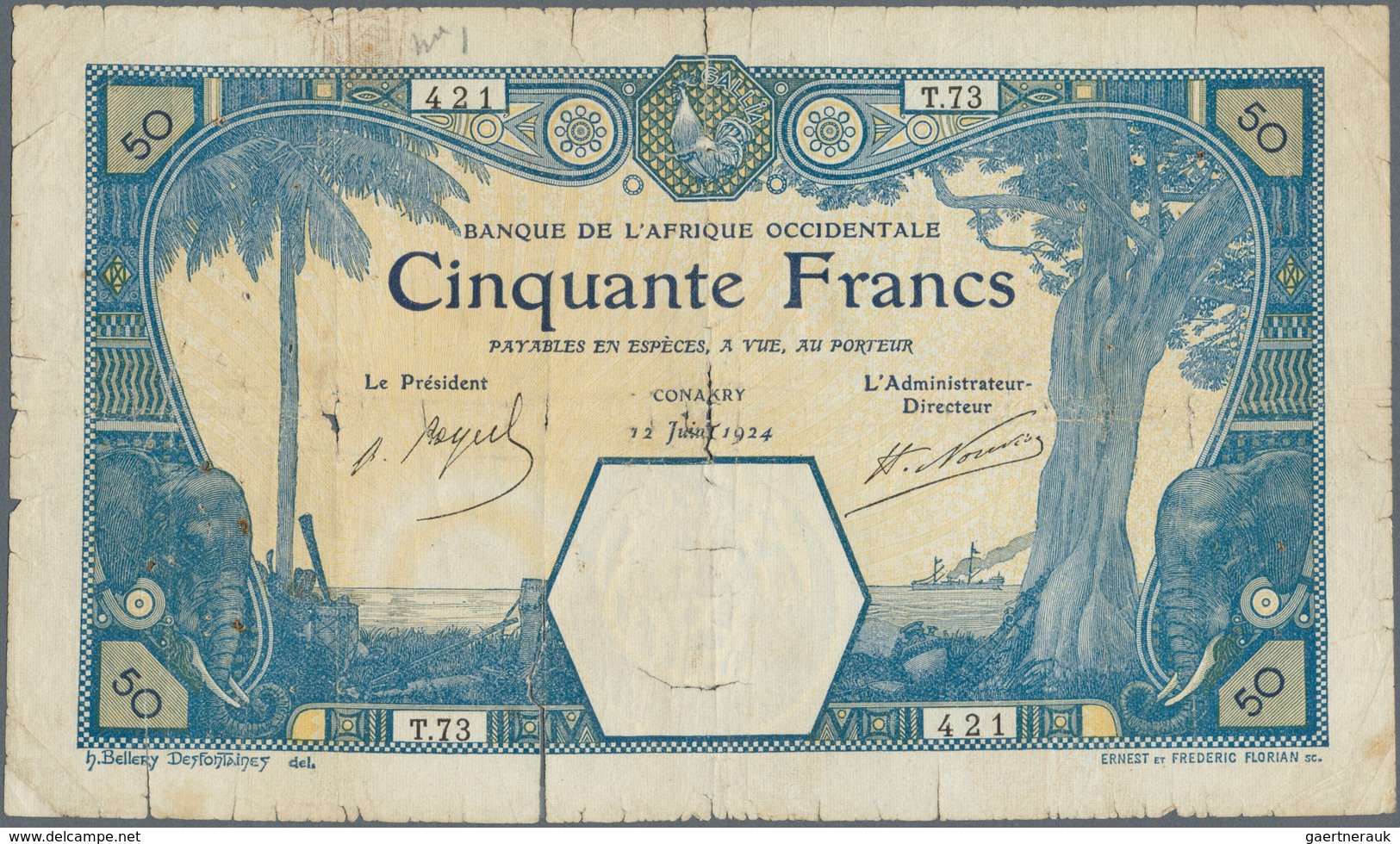 01568 French West Africa / Französisch Westafrika: 50 Francs 1924 CONAKRY P. 9Aa, Strongly Used With Sever - West-Afrikaanse Staten