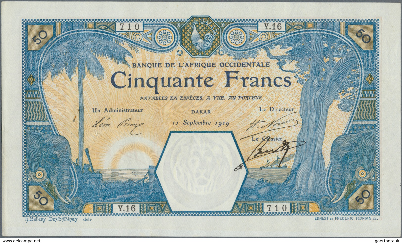 01569 French West Africa / Französisch Westafrika: 50 Francs 1919 DAKAR P. 9Ba, Very Rare Early Date In Ex - Stati Dell'Africa Occidentale