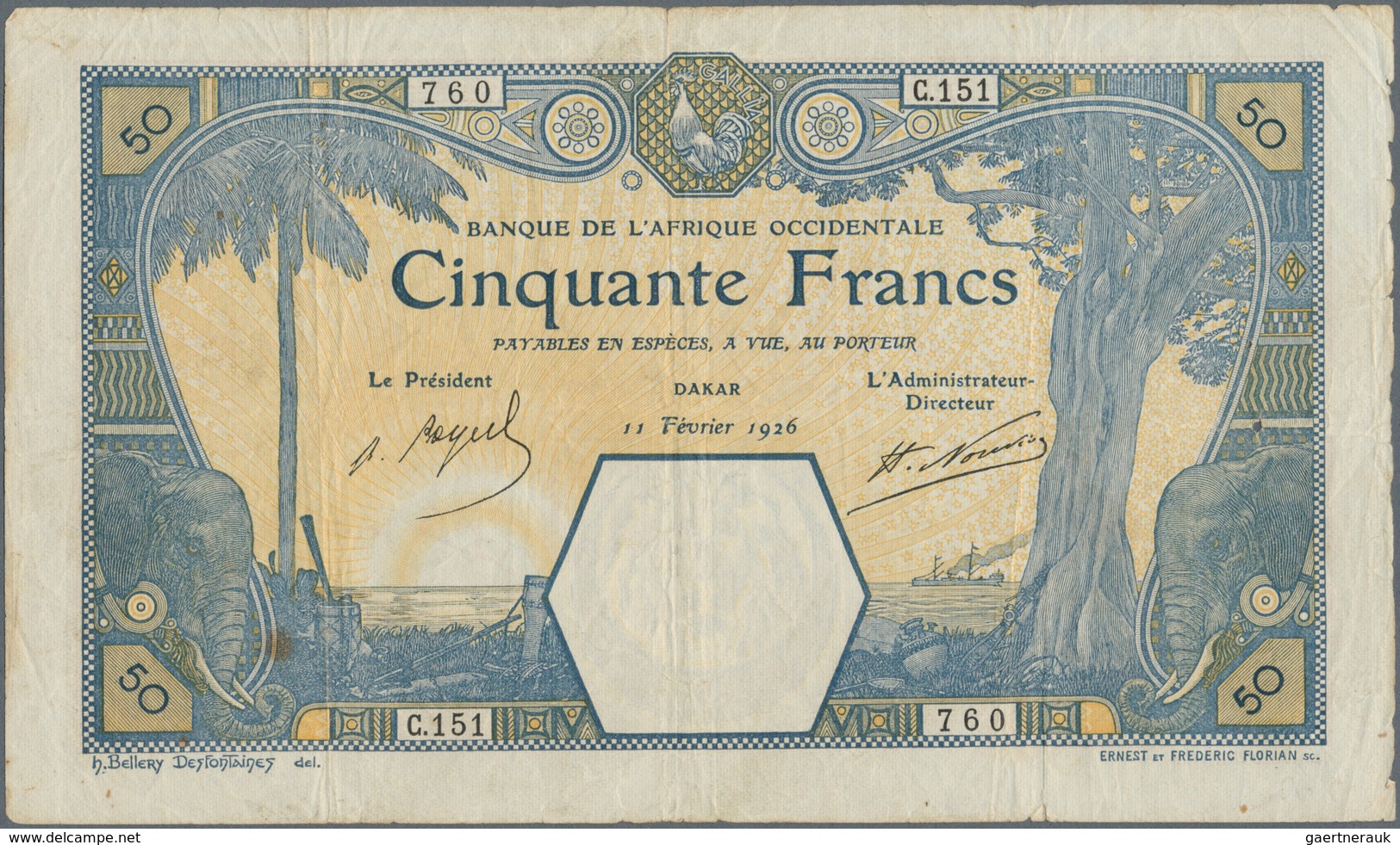 01572 French West Africa / Französisch Westafrika: 50 Francs 1926 DAKAR P. 9Bb, Used With Several Folds An - West African States