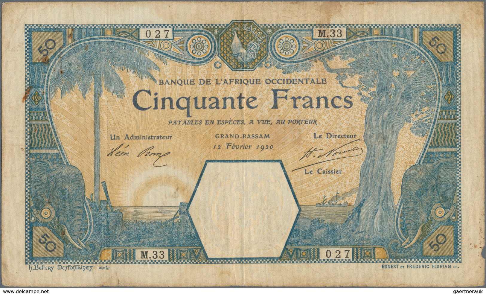 01575 French West Africa / Französisch Westafrika: 50 Francs 1920 GRAND-BASSAM P. 9Da, Used With Folds And - West African States