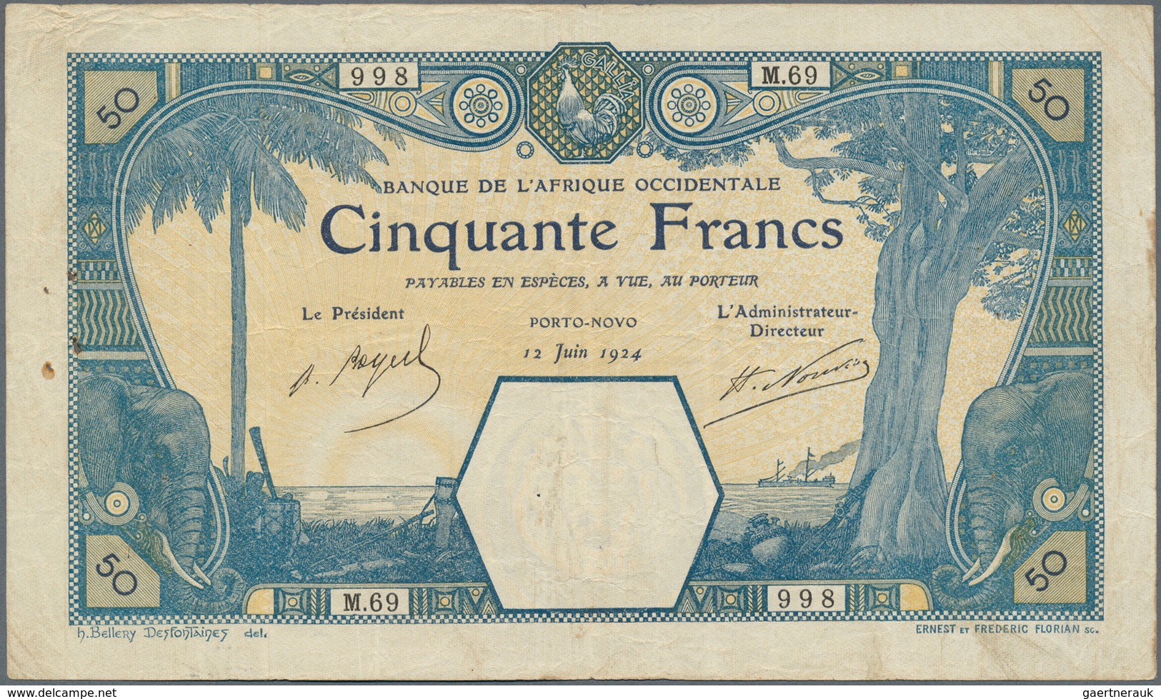 01578 French West Africa / Französisch Westafrika: 50 Francs 1924 PORTO-NOVO P. 10Eb, Used With Folds And - West-Afrikaanse Staten