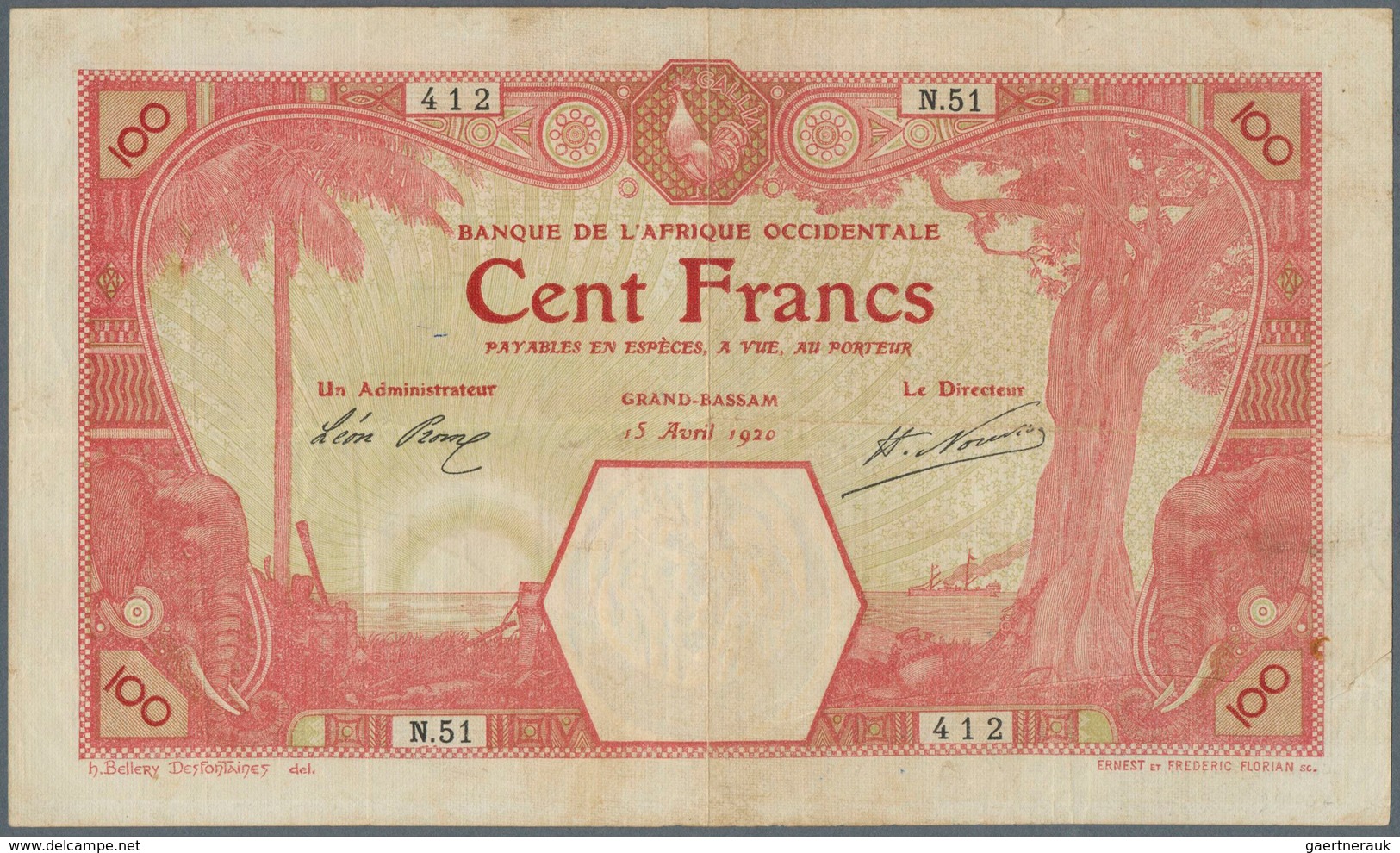 01580 French West Africa / Französisch Westafrika: 100 Francs 1920 GRAND-BASSAM P. 11Dc, Used With Folds A - Estados De Africa Occidental