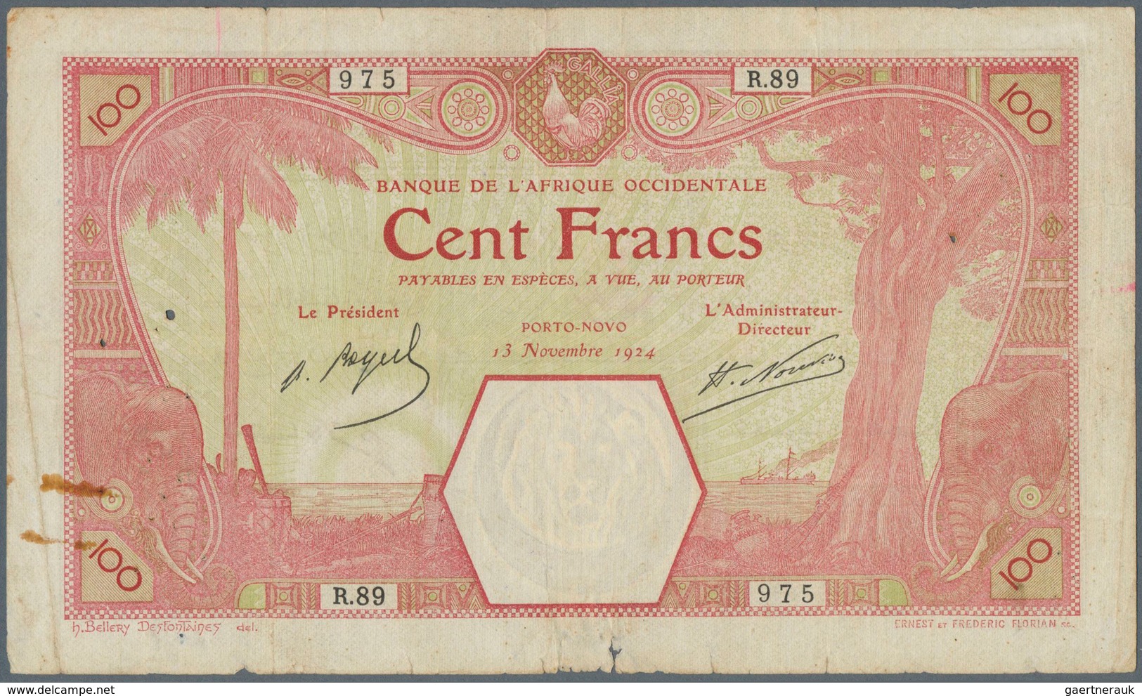 01583 French West Africa / Französisch Westafrika: 100 Francs 1924 PORTO-NOVO P. 11Eb, Used With Folds Ad - Westafrikanischer Staaten