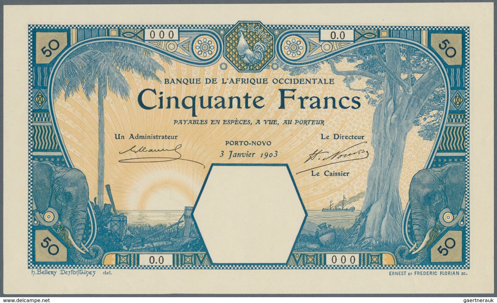 01585 French West Africa / Französisch Westafrika: Highly Rare And Possibly Unique 50 Francs 1903 PORTO-NO - Estados De Africa Occidental