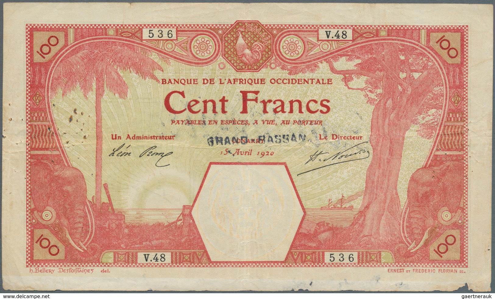 01588 French West Africa / Französisch Westafrika: 100 Francs Grand Bassam 1920 P. 12D, With Several Pinho - Estados De Africa Occidental