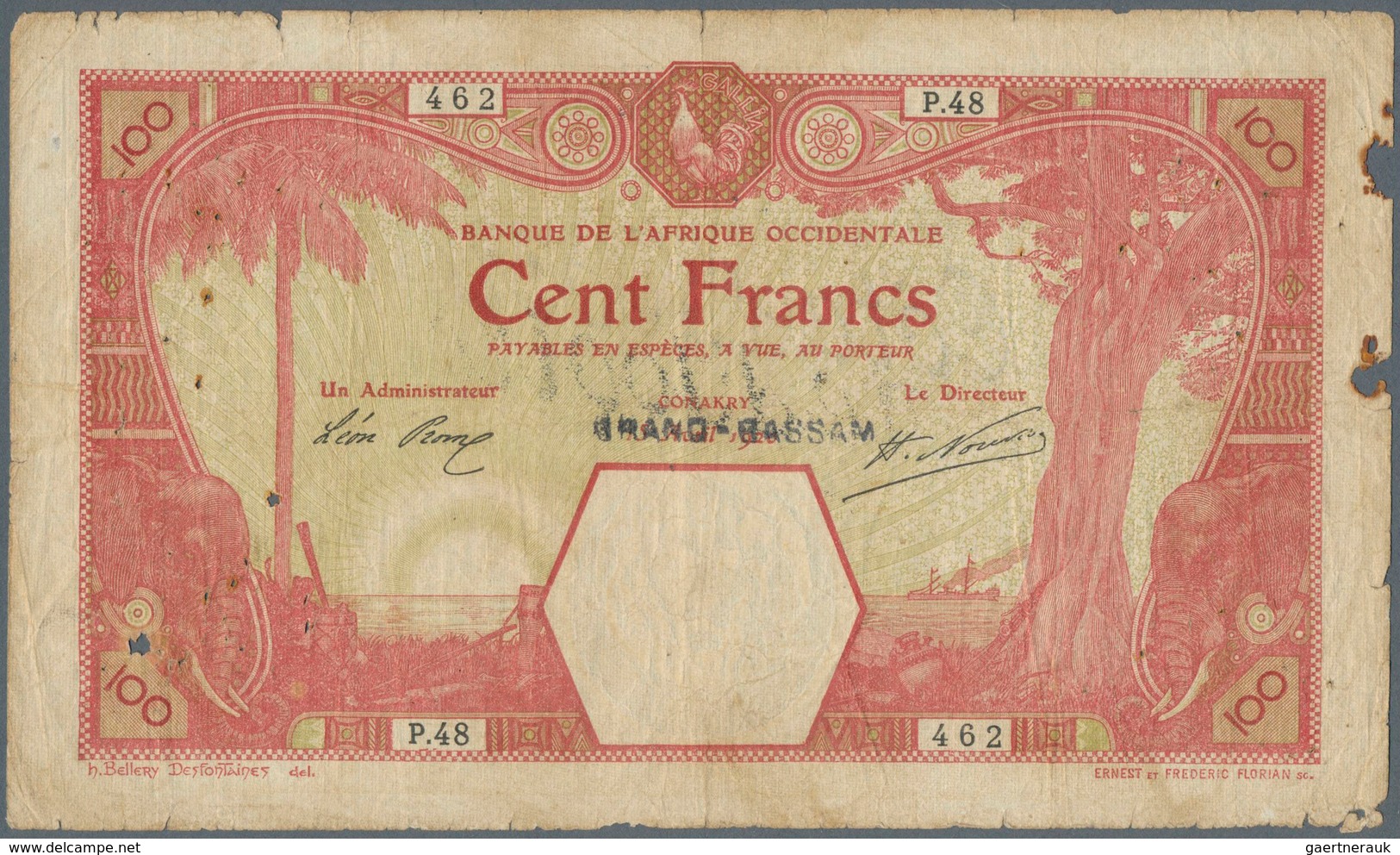 01589 French West Africa / Französisch Westafrika: Rare Issue 100 Francs 1923 CONAKRY With Overstamp "GRAN - West African States