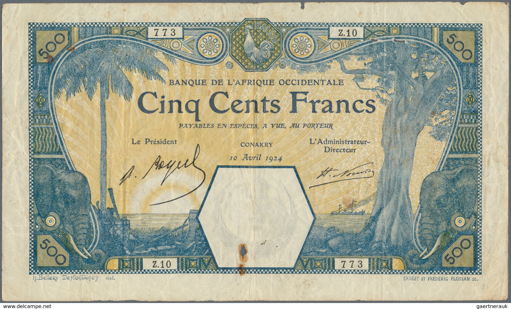 01590 French West Africa / Französisch Westafrika: Highly Rare 500 Francs 1924 CONAKRY P. 13Aa, Rare Note - Estados De Africa Occidental