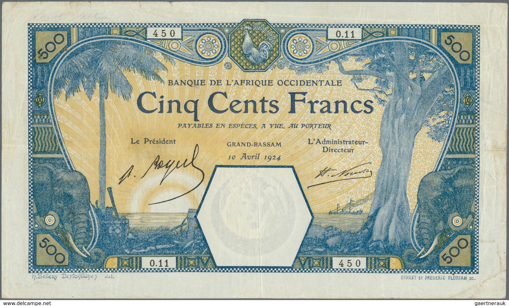 01591 French West Africa / Französisch Westafrika: Rare Banknote 500 Francs 1924 GRAND-BASSAM P. 13D, Used - Estados De Africa Occidental