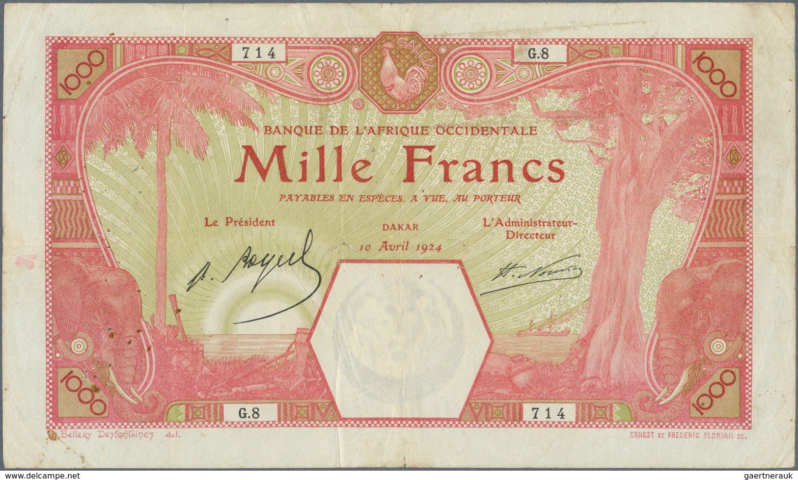 01594 French West Africa / Französisch Westafrika: 1000 Francs 1924 P. 15B, Very Rare Large Size Note, Use - West African States