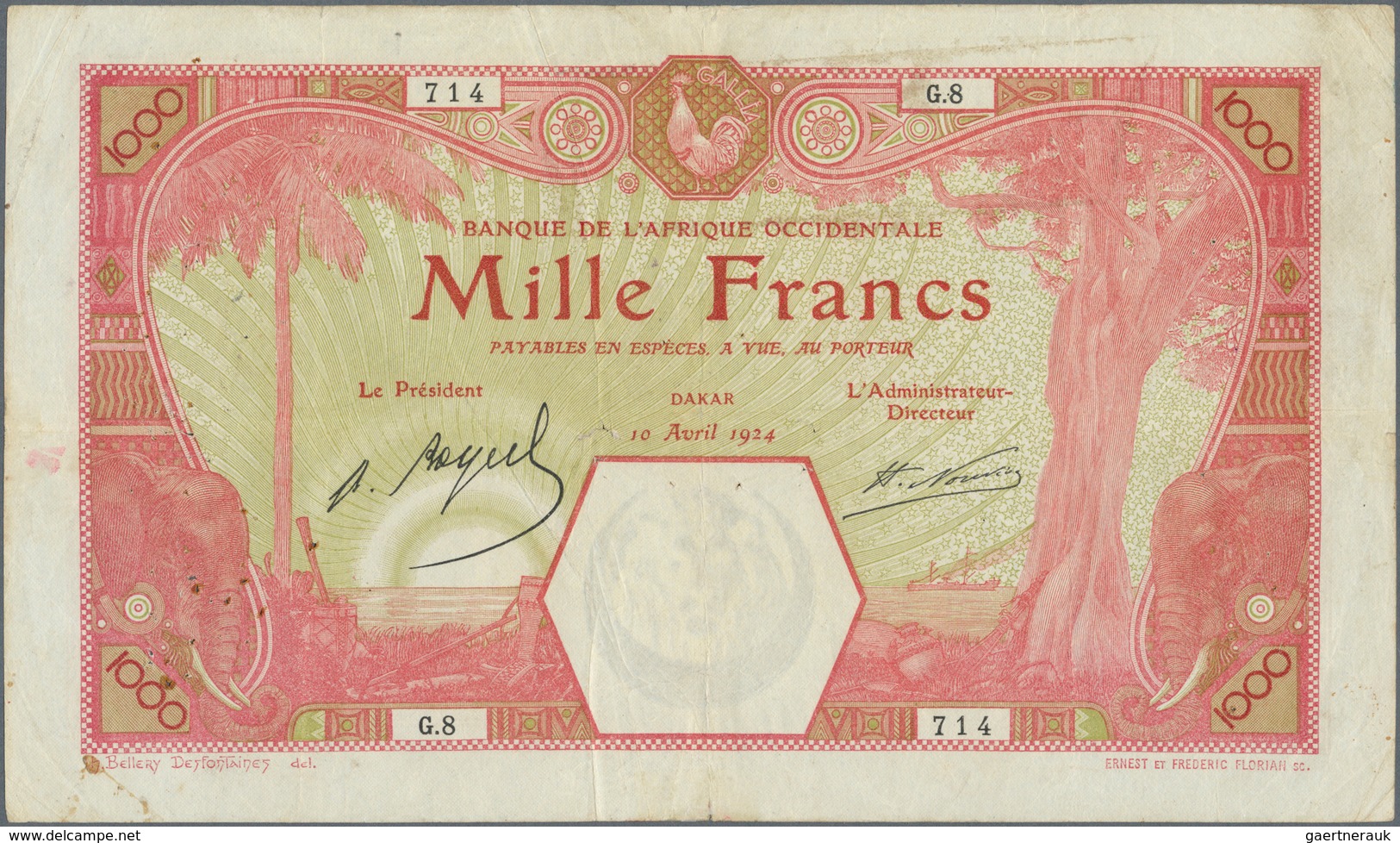 01594 French West Africa / Französisch Westafrika: 1000 Francs 1924 P. 15B, Very Rare Large Size Note, Use - Estados De Africa Occidental