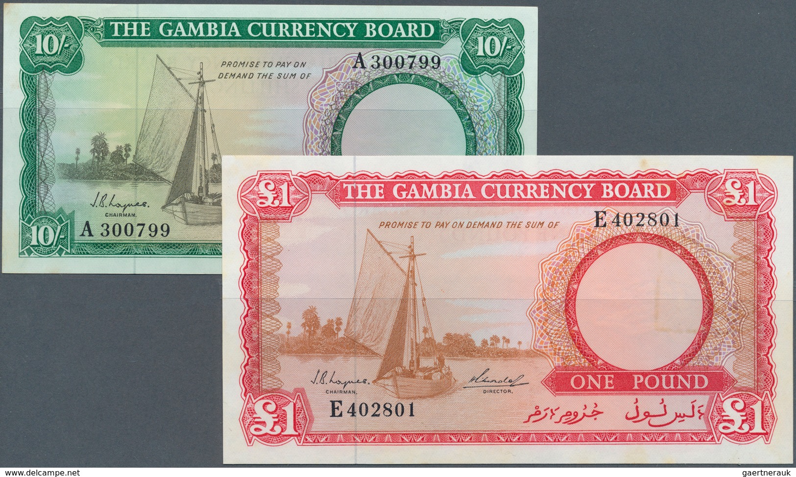 01600 Gambia: Set Of 2 Notes 10 Shillings And 1 Pound ND P. 1, 2, Both In Condition: AUNC. (2 Pcs) - Gambia