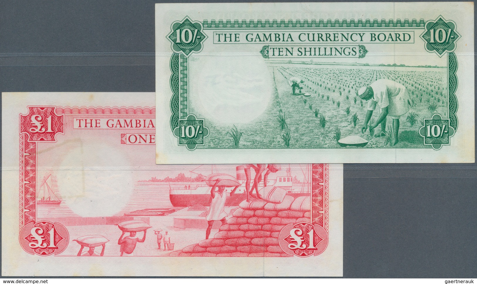 01600 Gambia: Set Of 2 Notes 10 Shillings And 1 Pound ND P. 1, 2, Both In Condition: AUNC. (2 Pcs) - Gambia