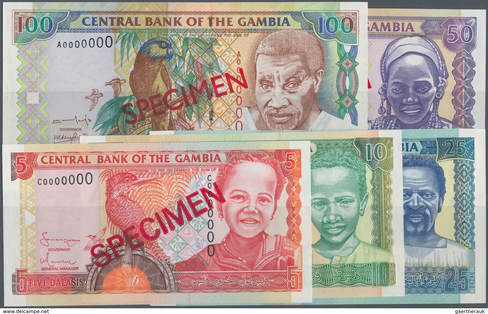 01601 Gambia: Set Of 5 Specimen Banknotes From 5 To 100 Dalasis ND P. 20s-24s, All With Specimen Overprint - Gambia