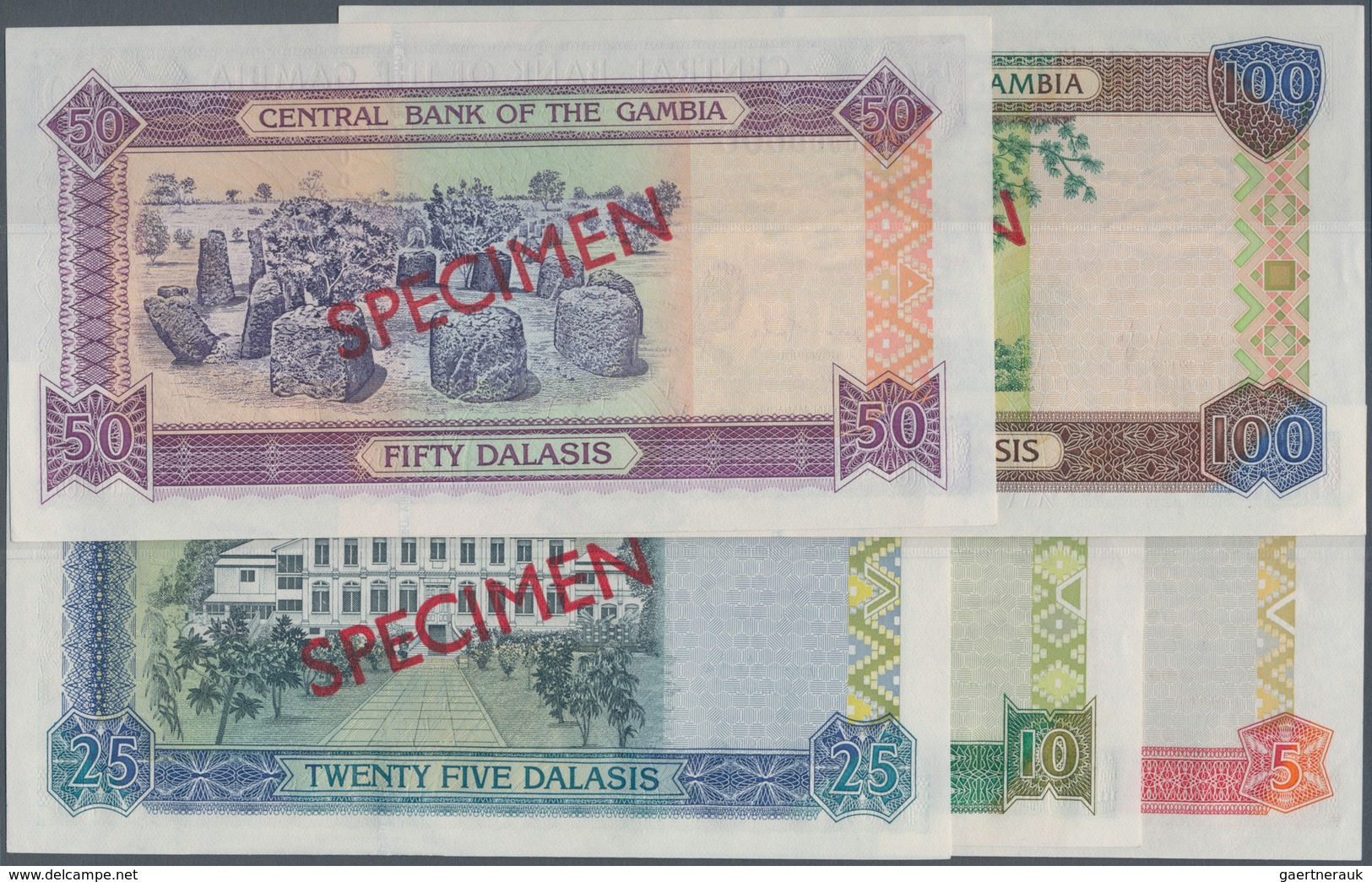 01601 Gambia: Set Of 5 Specimen Banknotes From 5 To 100 Dalasis ND P. 20s-24s, All With Specimen Overprint - Gambia