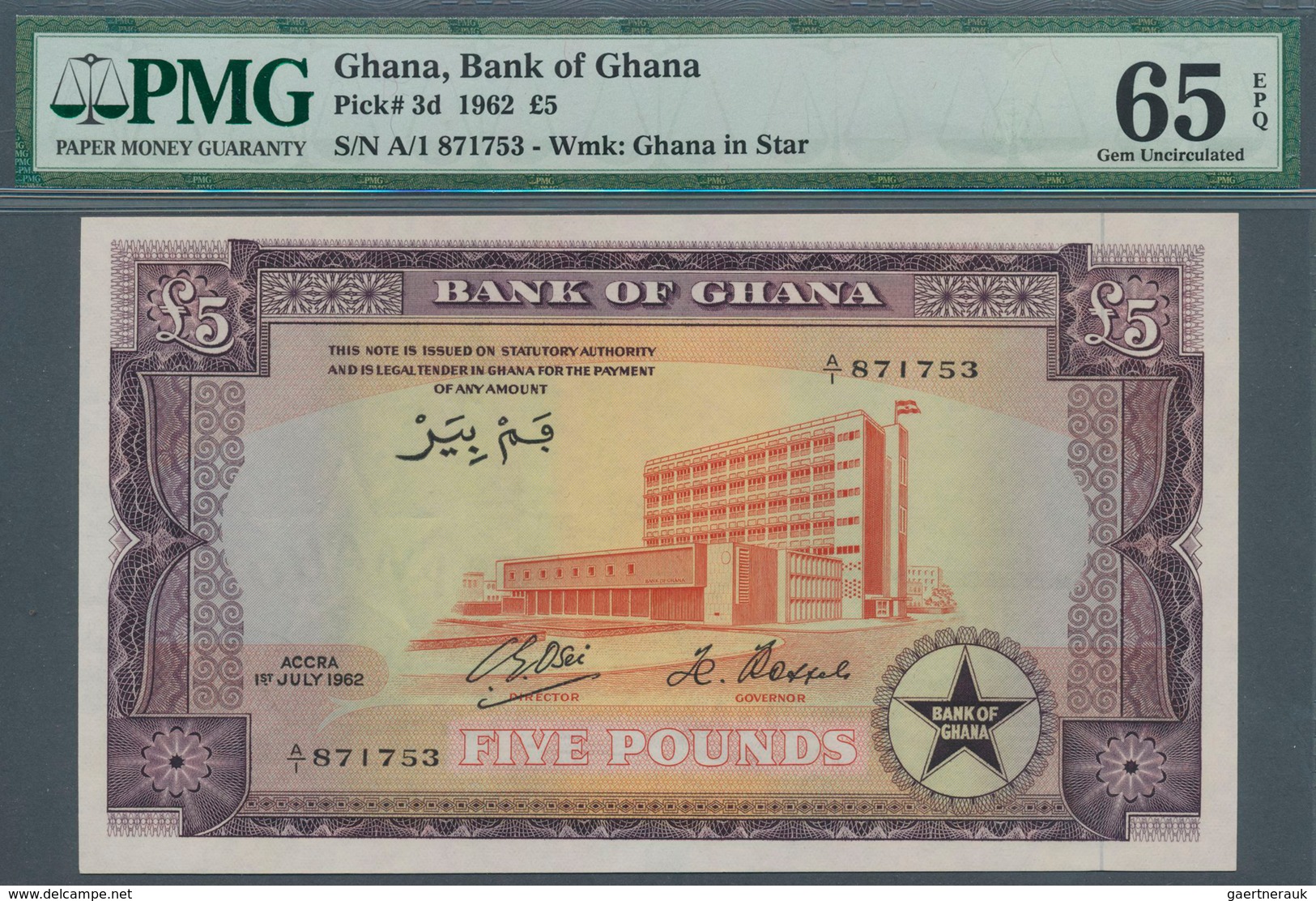 01603 Ghana: 5 Pounds 1962 P. 3d, In Condition: PMG Graded 65 Gem UNC EPQ. - Ghana