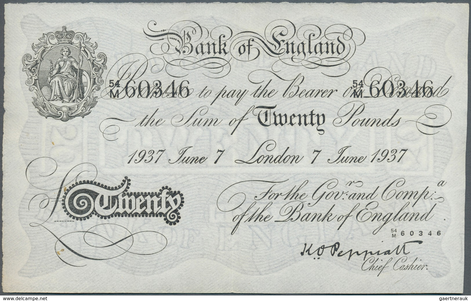 01611 Great Britain / Großbritannien: 20 Pounds 1937 P. 337a Issued In London, Center Fold, No Other Folds - Other & Unclassified