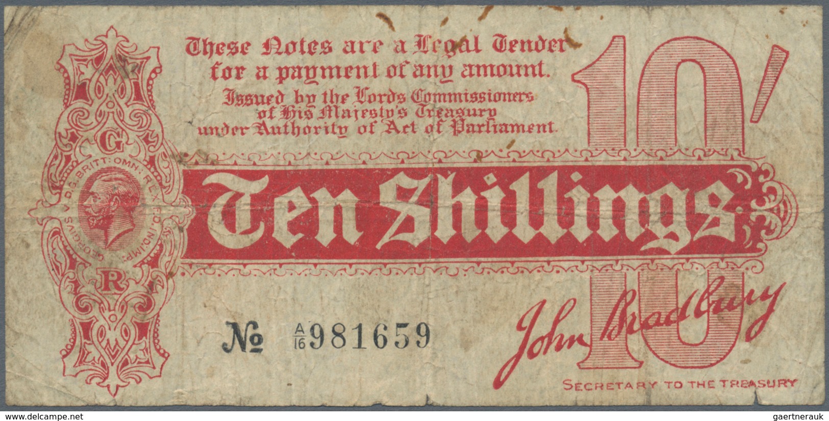 01612 Great Britain / Großbritannien: 10 Shillings ND P. 346, Stronger Used With Many Folds, Stain In Pape - Other & Unclassified