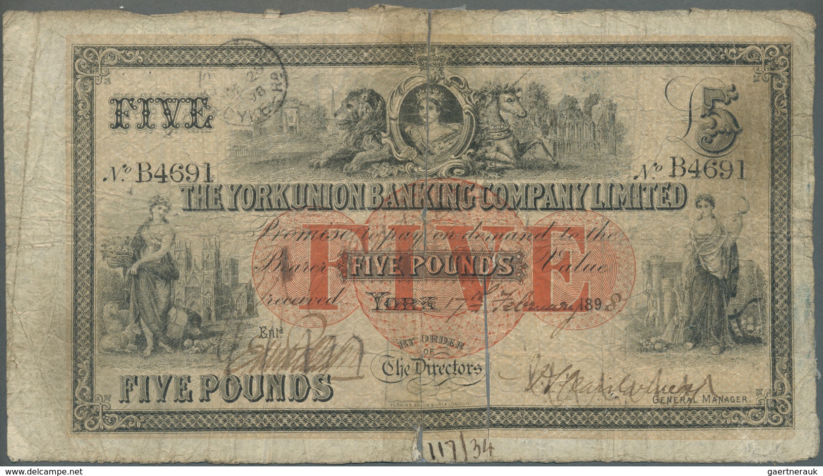 01620 Great Britain / Großbritannien: The York Union Banking Company Ltd. 5 Pounds 1898, Old Used Note Wit - Other & Unclassified