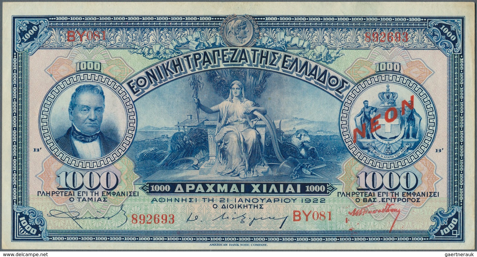 01627 Greece / Griechenland: 1000 Drachmai 1922 P. 69a, Very Crisp Original With Only A Light Center Bend, - Grecia