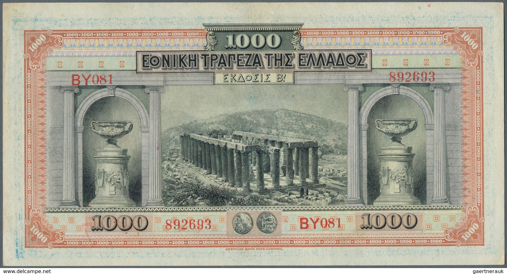 01627 Greece / Griechenland: 1000 Drachmai 1922 P. 69a, Very Crisp Original With Only A Light Center Bend, - Greece