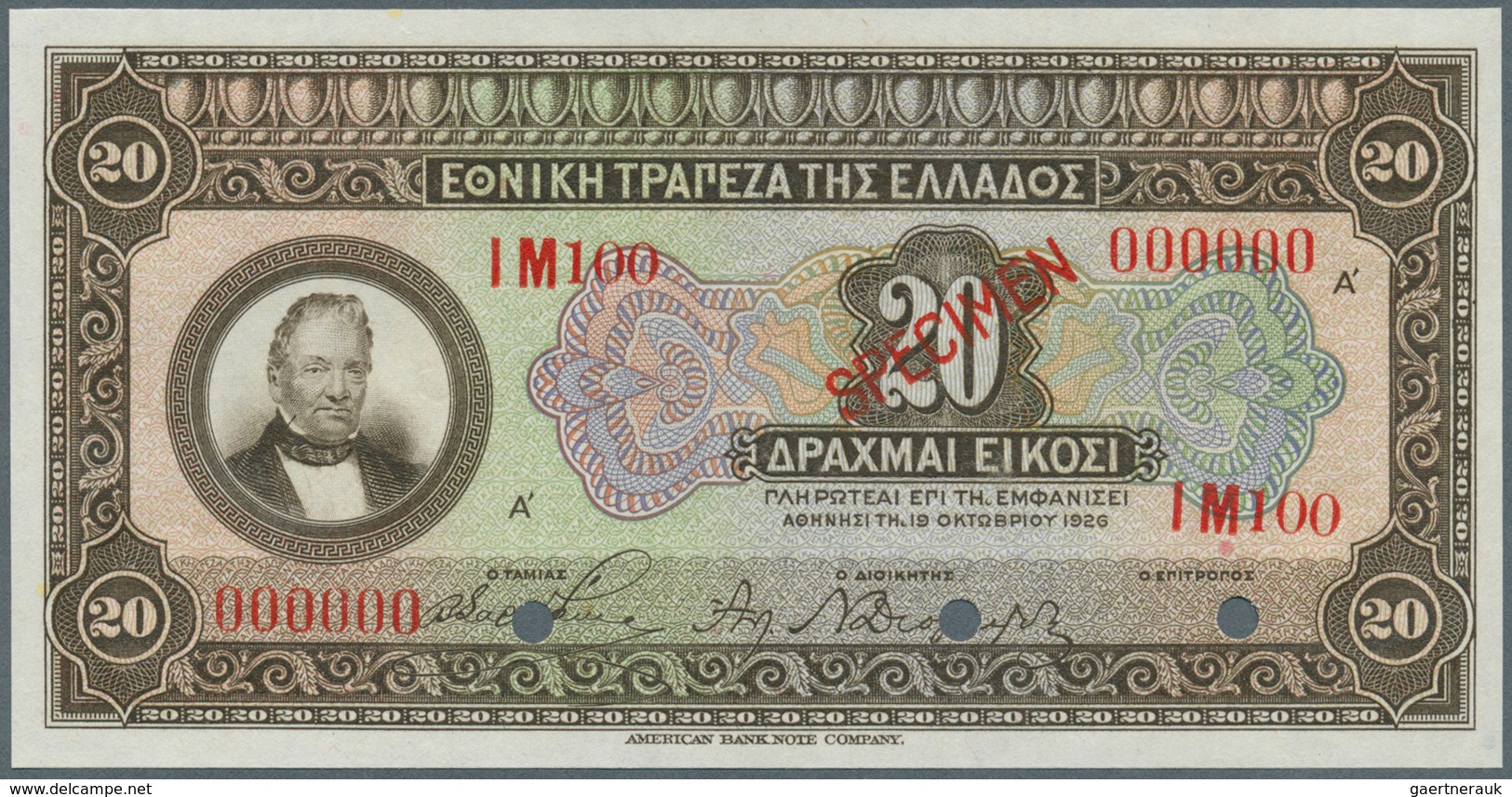 01629 Greece / Griechenland: 20 Drachmai ND(1928) Specimen P. 95s In Condition: UNC. - Griekenland