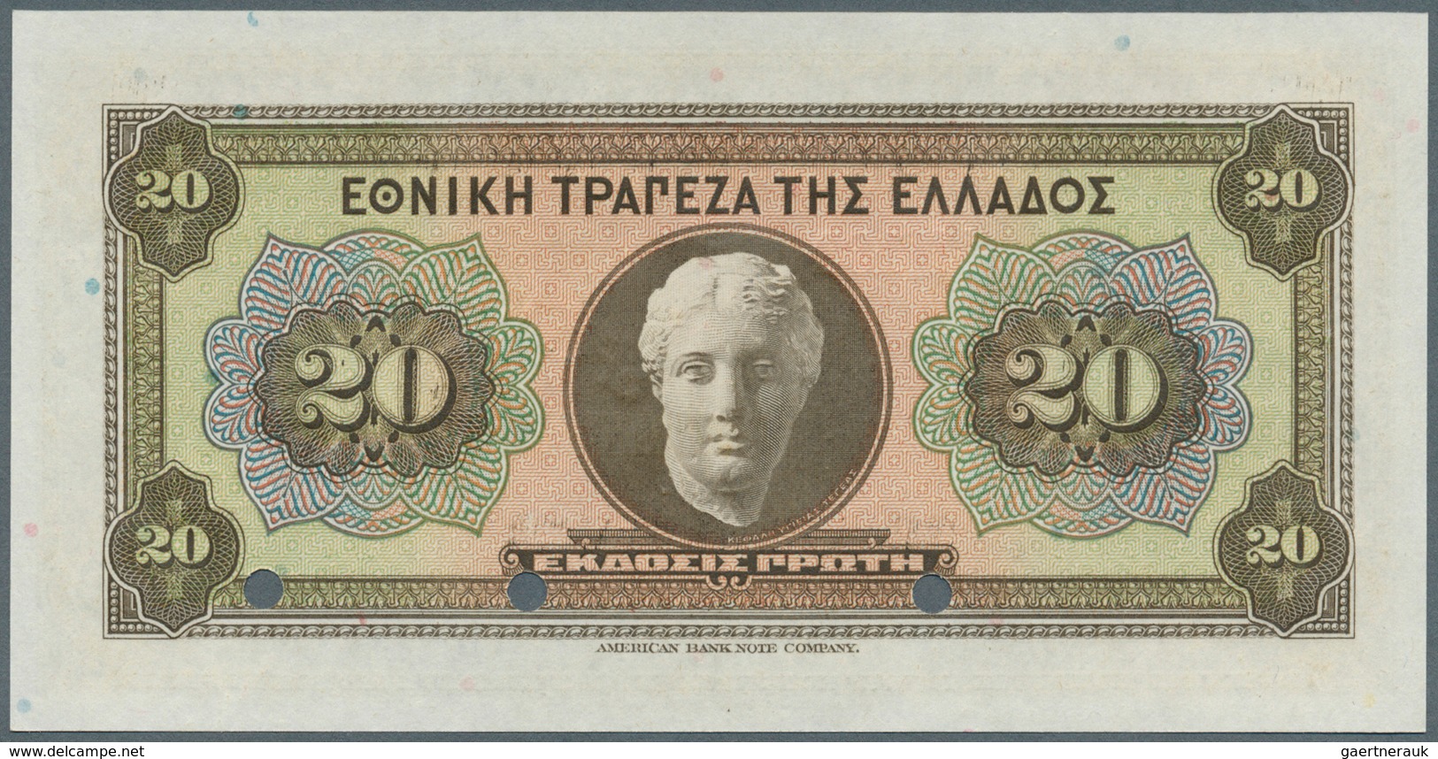 01629 Greece / Griechenland: 20 Drachmai ND(1928) Specimen P. 95s In Condition: UNC. - Greece