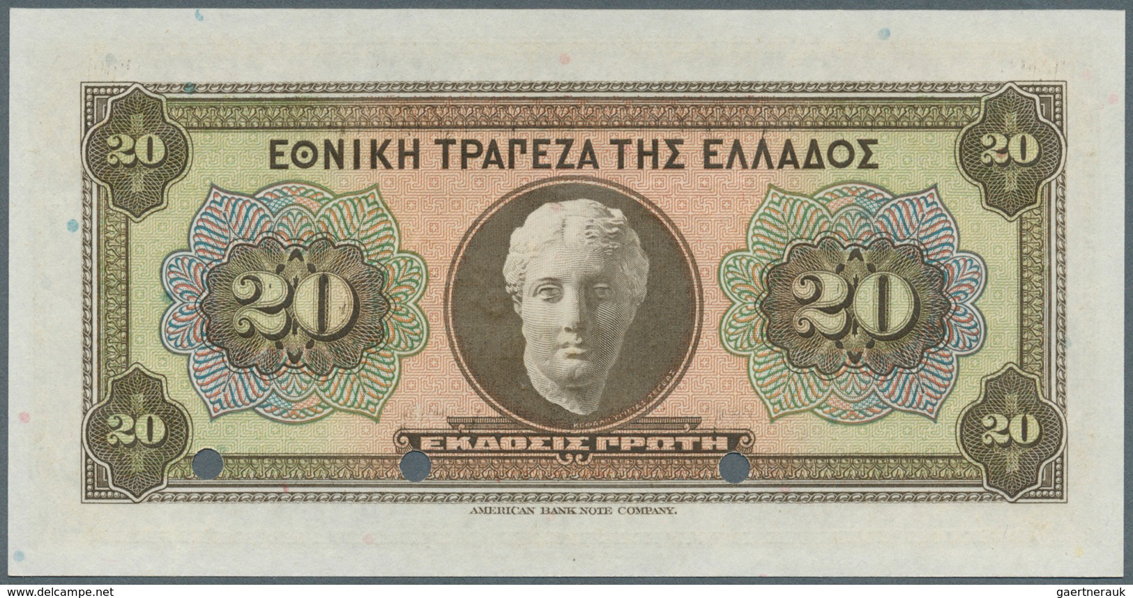 01629 Greece / Griechenland: 20 Drachmai ND(1928) Specimen P. 95s In Condition: UNC. - Grecia