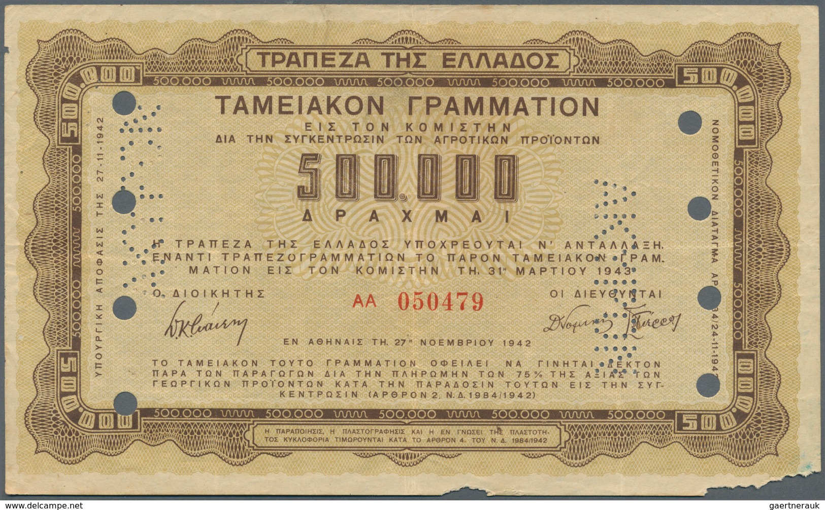 01632 Greece / Griechenland: 500.000 Drachmai 1942 Specimen P. 138s, Two Small Damages At Lower Border, Pe - Grecia