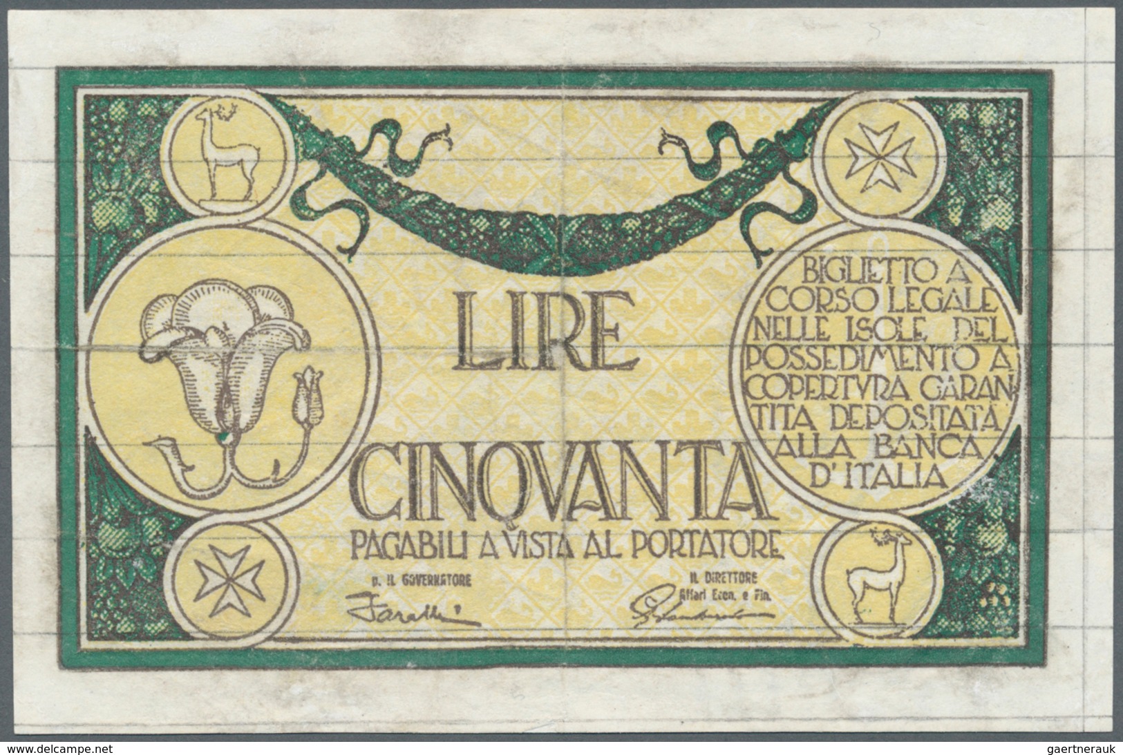 01648 Greece / Griechenland: 50 Lire 1944 P. M24, Rare Issue, Center And Vertical Fold, Small Professtiona - Grecia