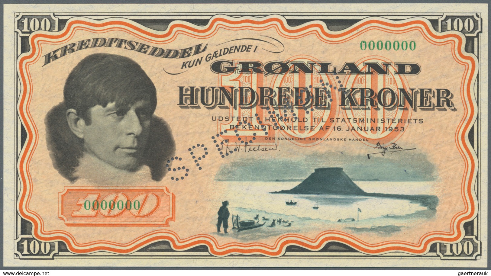 01652 Greenland / Grönland: 100 Kroner 1953 SPECIMEN, P.21as, Tiny Creases In The Paper, Otherwise Perfect - Groenland