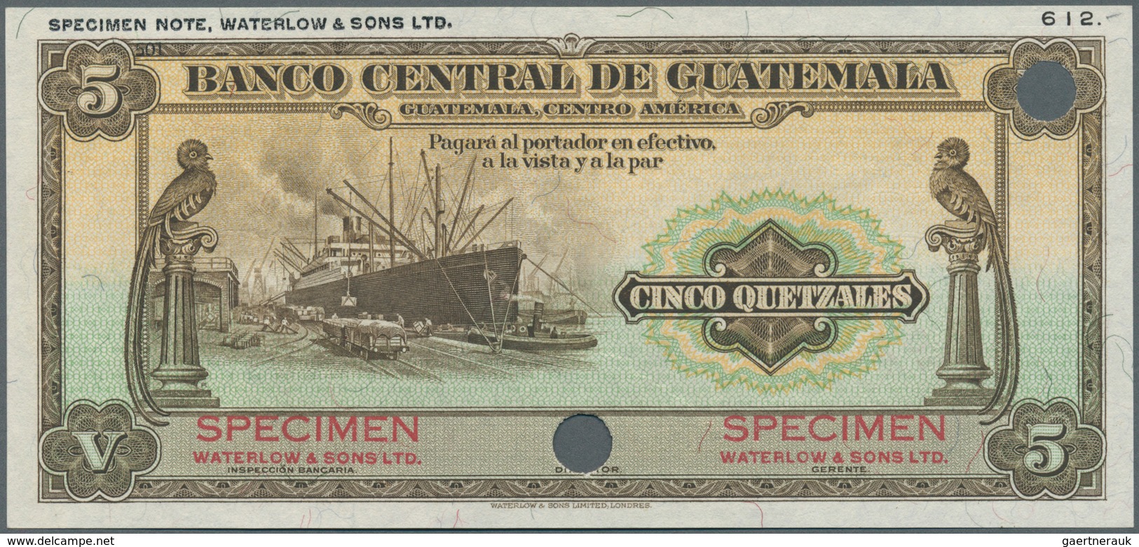 01656 Guatemala:  Banco Central De Guatemala 5 Quetzales 1934-45 SPECIMEN By Waterlow & Sons Ltd., P.16s W - Guatemala