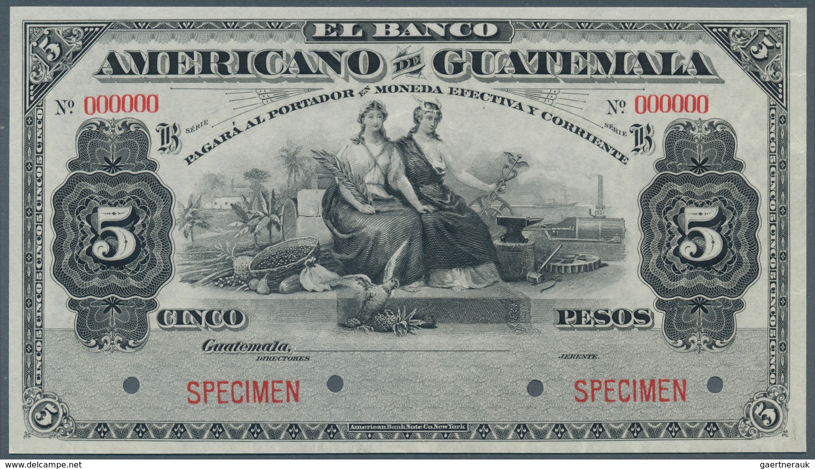 01661 Guatemala: 5 Pesos ND(1897-1920) Specimen P. S112s, Printed By ABNC With Zero Serial Numbers, Hole C - Guatemala