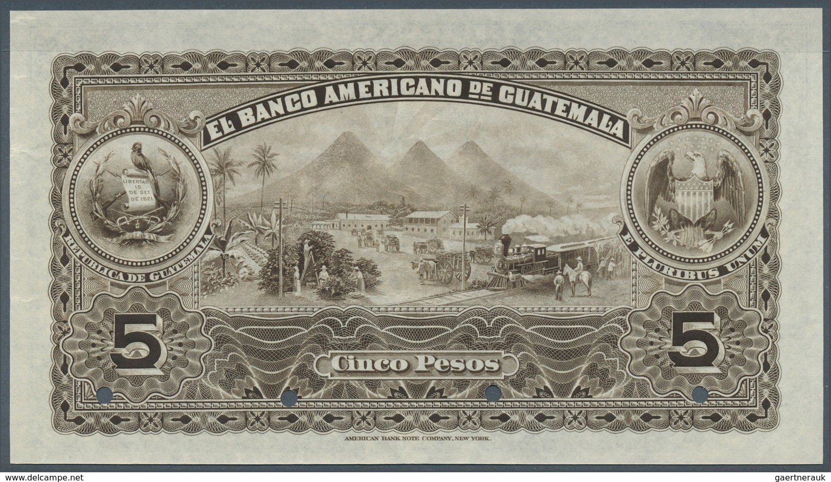 01661 Guatemala: 5 Pesos ND(1897-1920) Specimen P. S112s, Printed By ABNC With Zero Serial Numbers, Hole C - Guatemala