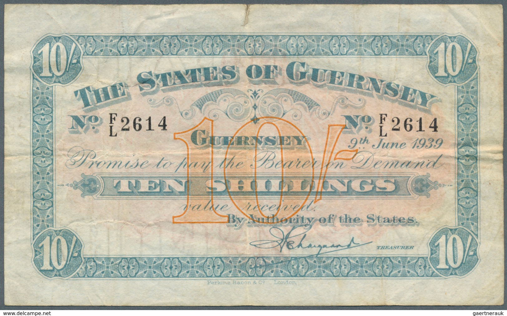 01662 Guernsey: 10 Shillings 1939 P. 15 With Horizontal And Vertical Folds, No Holes, A 5mm Tear At Upper - Altri & Non Classificati