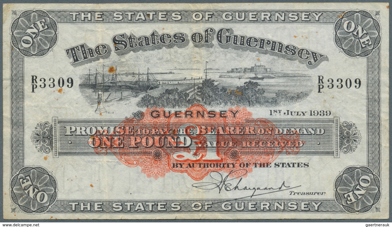 01663 Guernsey: 1 Pound 1939 P. 16a, A Highly Rare Note With Vertical And Horizontal Folds, Light Stain Al - Otros & Sin Clasificación