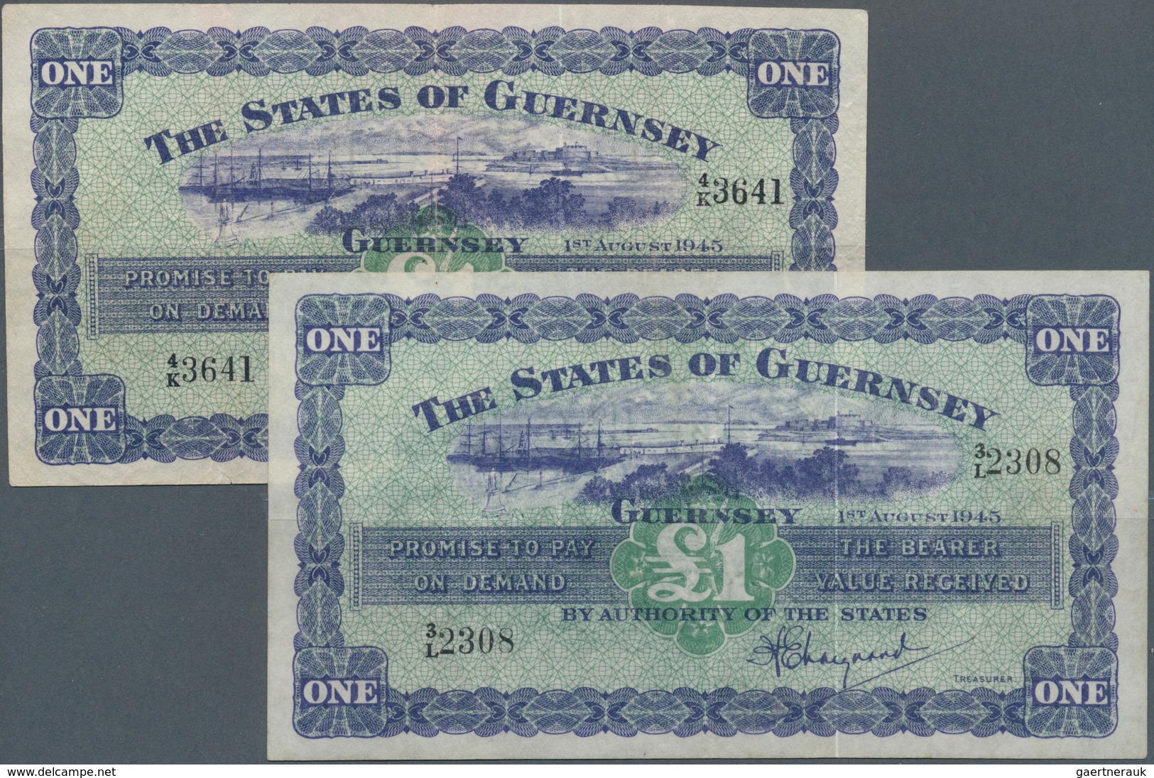 01664 Guernsey: Set Of 2 Notes Guernsey 1 Pound 1945 P. 43a, Both In Similar Condition, Only Light Handlin - Otros & Sin Clasificación