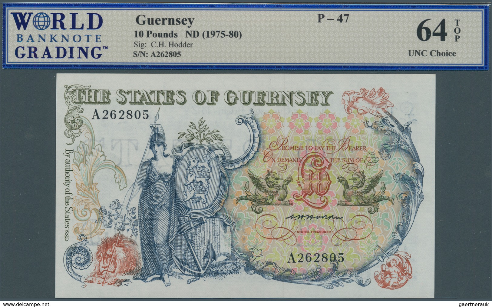 01665 Guernsey: 10 Pounds ND(1975-80), P.47 In Perfect Condition, WBG Graded 64 UNC Choice TOP - Andere & Zonder Classificatie