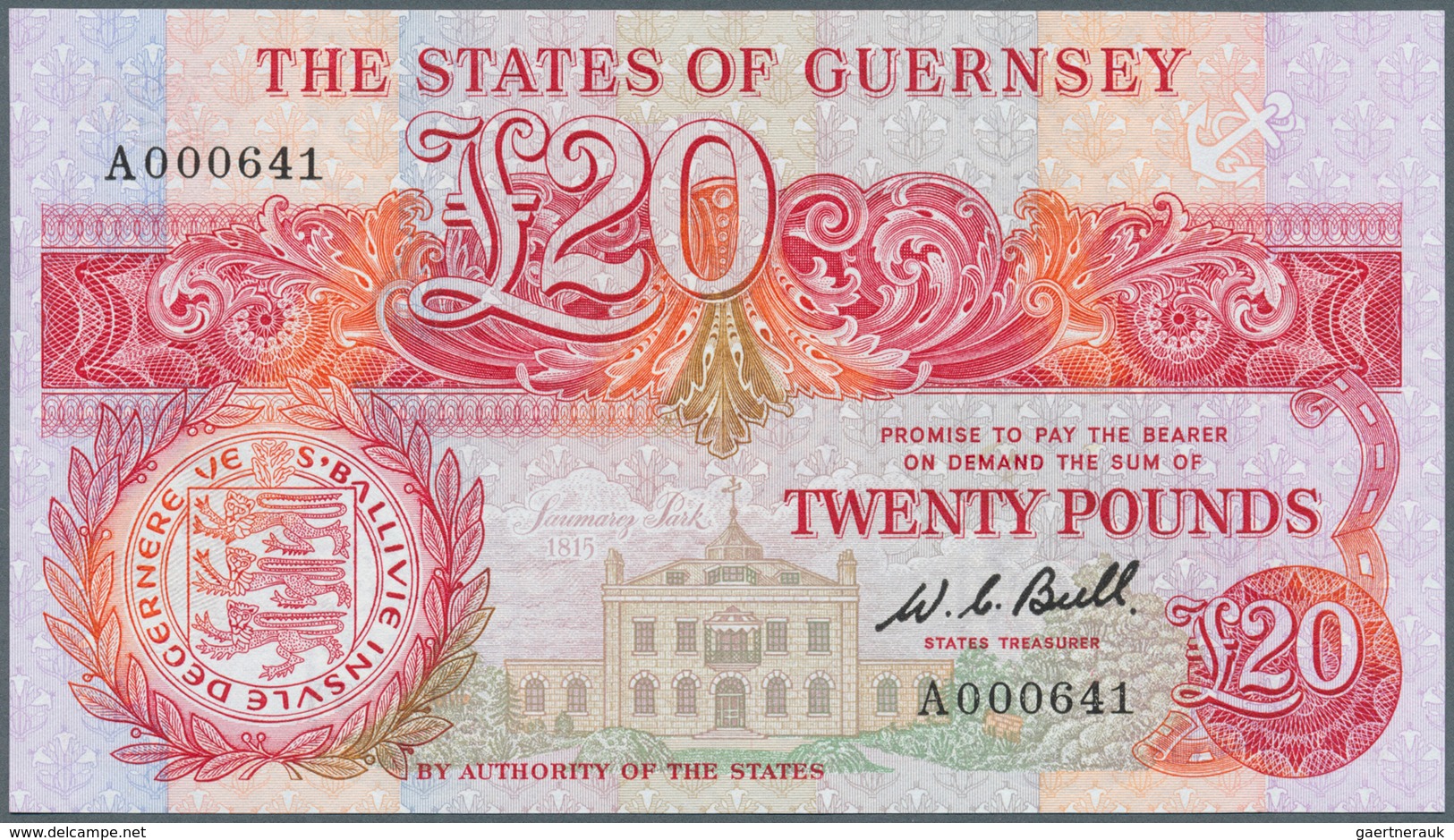 01667 Guernsey: 20 Pounds ND(1980-89) P. 51a With Low Serial Number A000641 In Condition UNC. - Other & Unclassified