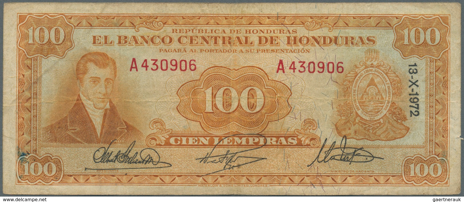 01670 Honduras: 100 Lempiras 1972 P. 49d, Used With Folds And Creases, Stained Paper, 2 Pinholes, But No T - Honduras