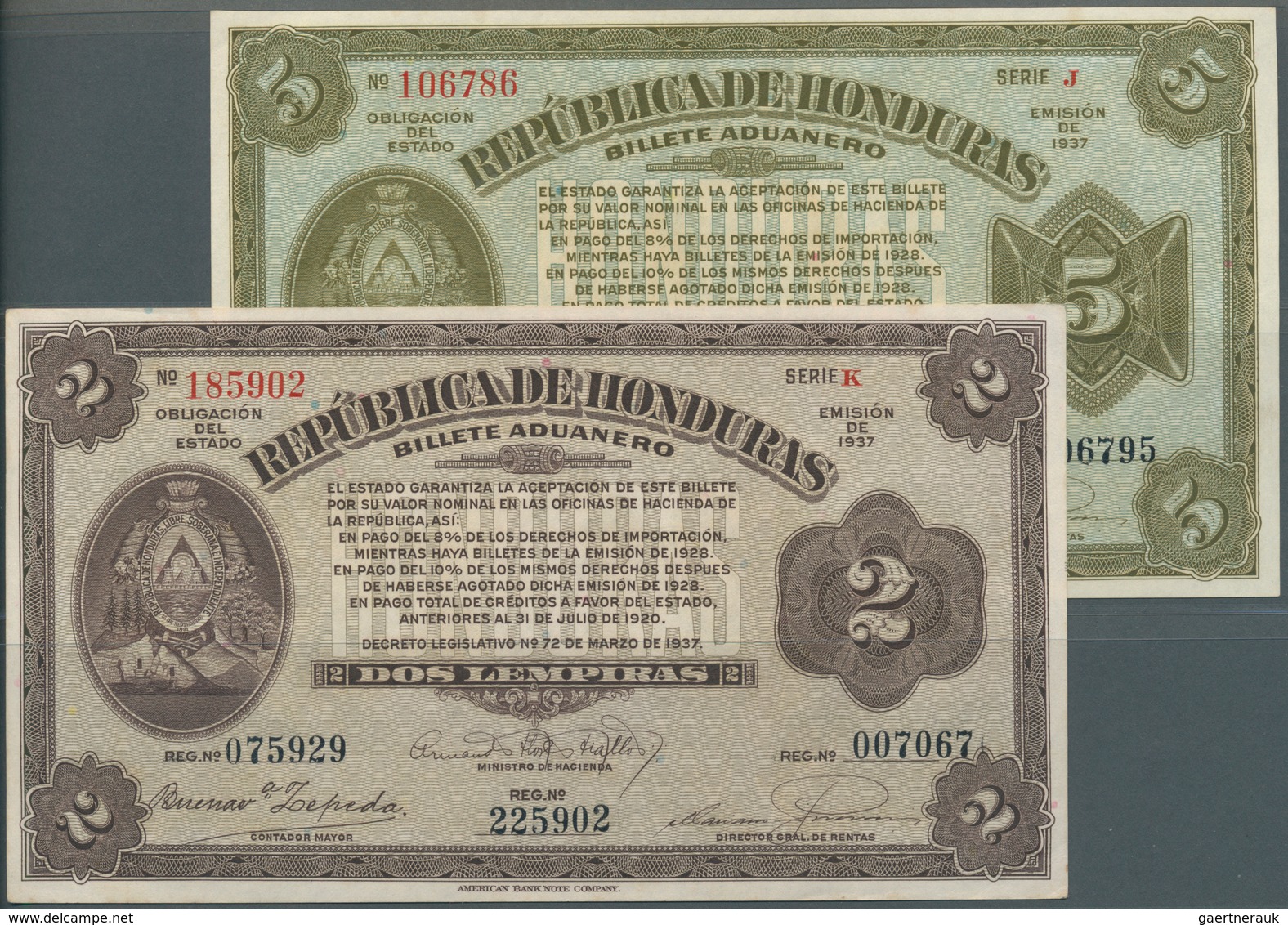 01672 Honduras: Republica De Honduras - Billete Aduanero Pair With 2 And 5 Lempiras L.1937, P.S167, S168 I - Honduras