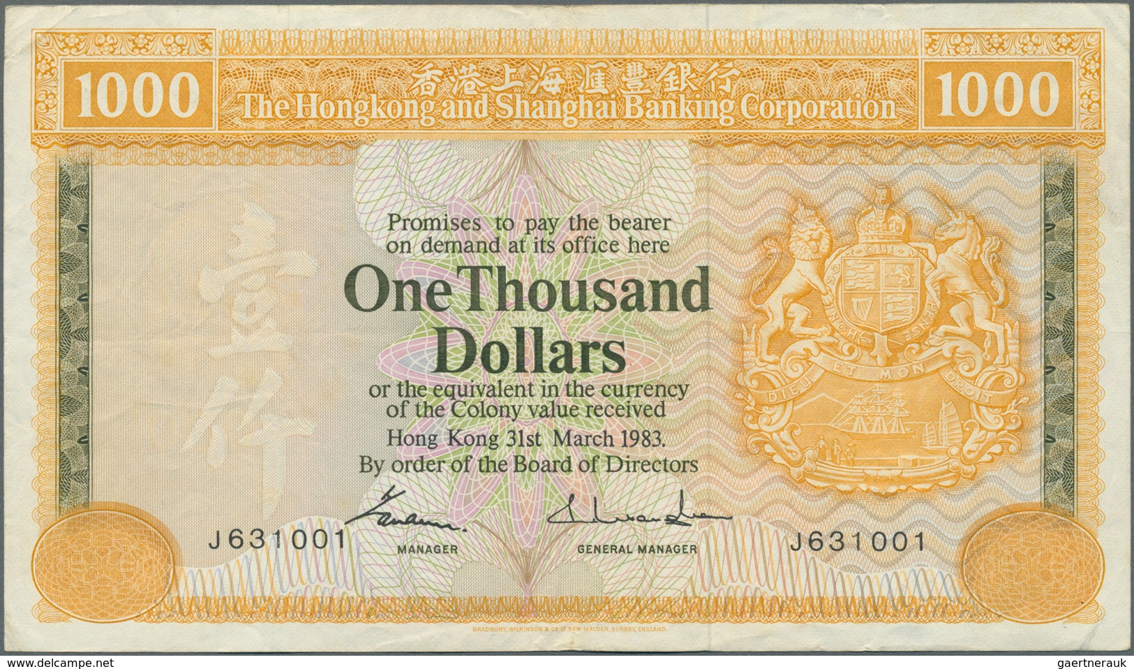 01678 Hong Kong: 1000 Dollars 1983 P. 190, Used With Folds And Creases, No Holes Or Tears, Still Crispness - Hong Kong