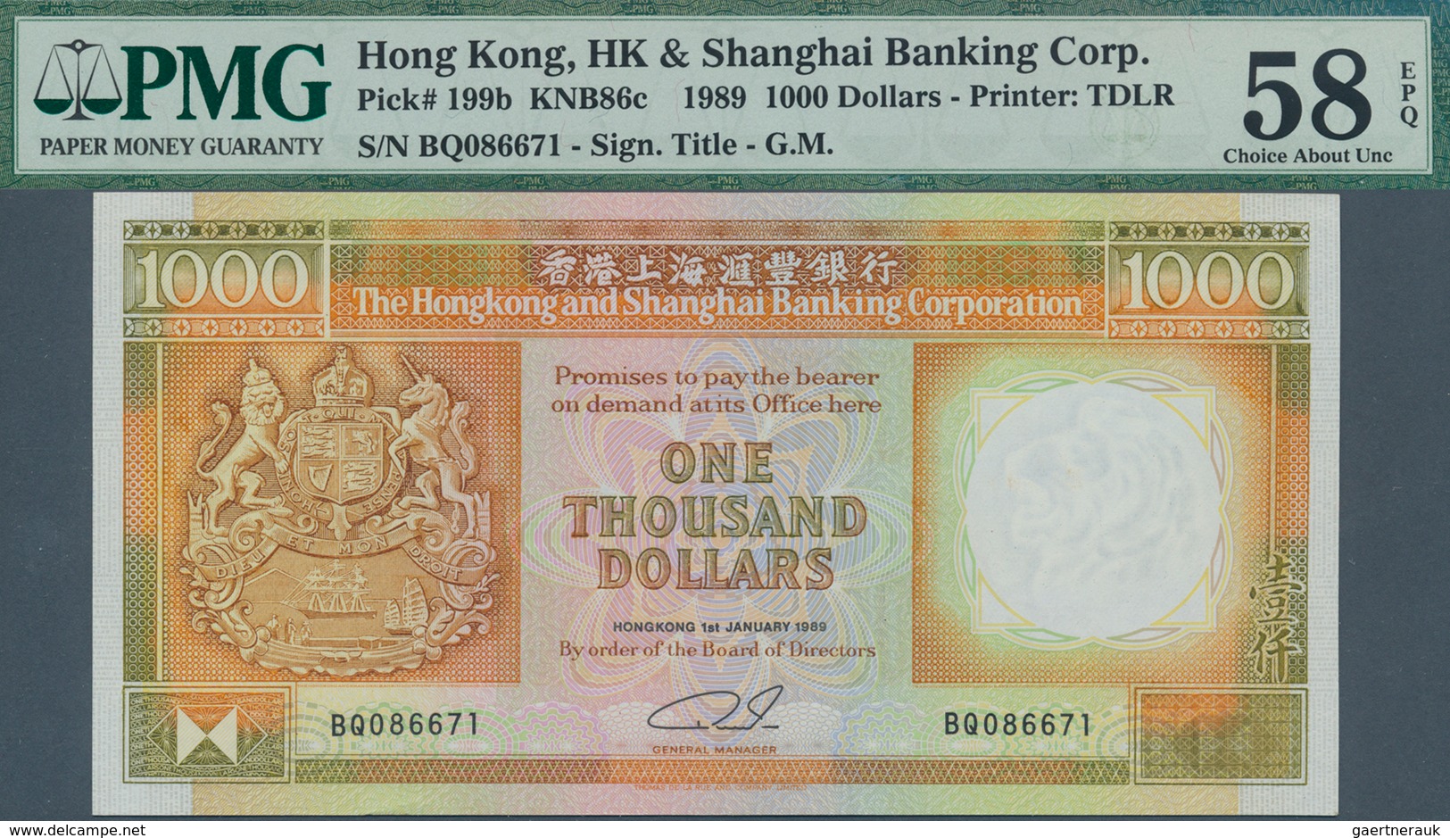 01679 Hong Kong: 1000 Dollars 1989 P. 199b In Condition: PMG Graded 58 Choice AUNC EPQ. - Hong Kong