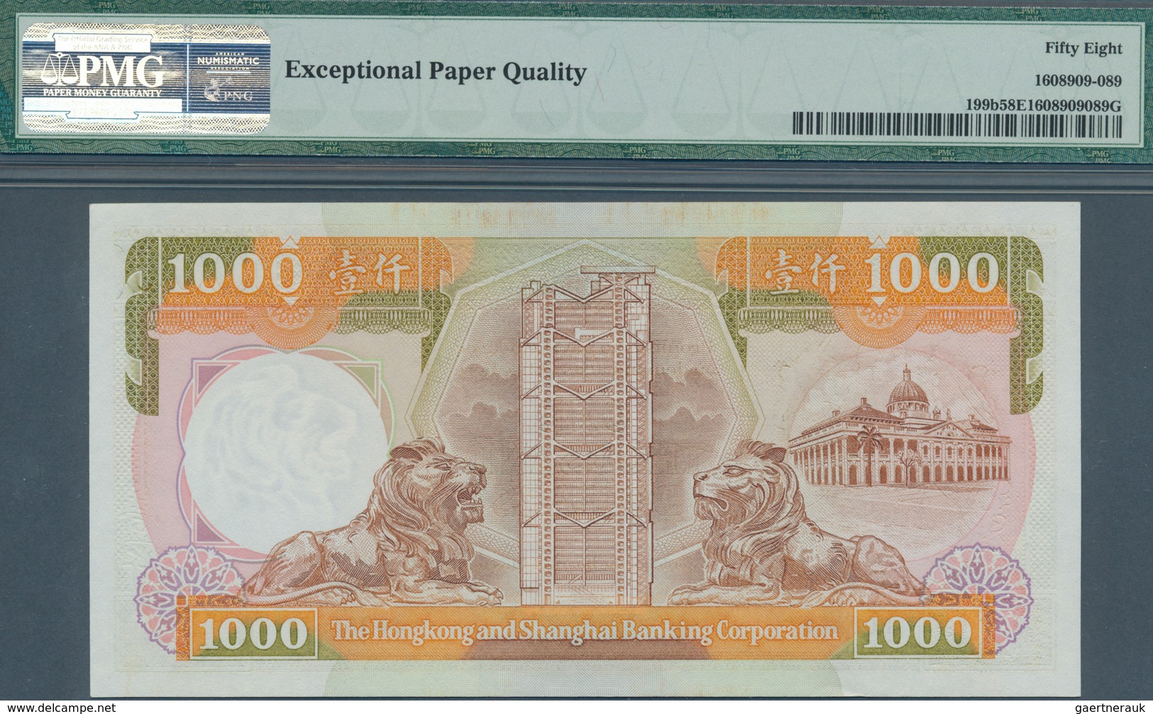 01679 Hong Kong: 1000 Dollars 1989 P. 199b In Condition: PMG Graded 58 Choice AUNC EPQ. - Hong Kong