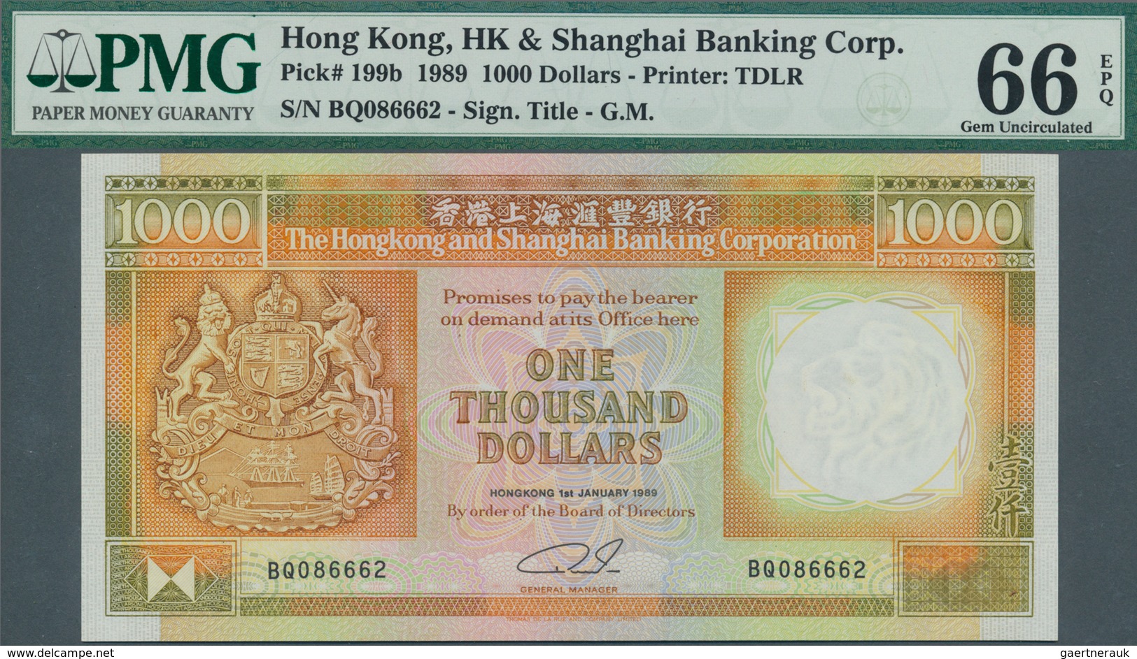 01680 Hong Kong: 1000 Dollars 1989 P. 199b In Condition: 66 GEM UNC EPQ. - Hong Kong